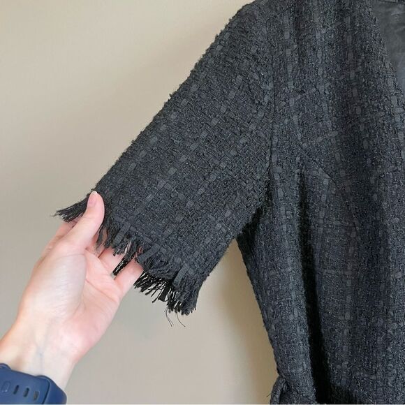 ✨ Bardot Boucle Tweed Zip Front Frayed Hem Dress Medium 8 Black - Picture 5 of 11